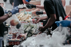 Volunteers sorting food donations